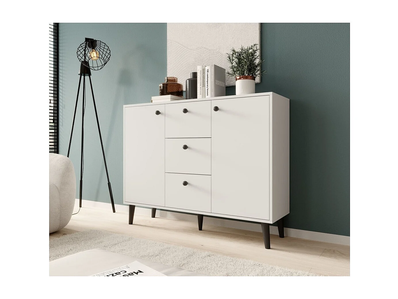 Credenza Nala/ante girevoli/cassetti/piano del mobile/Bianco