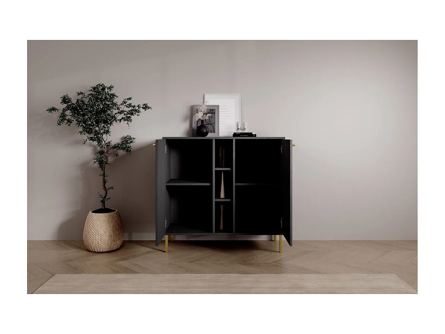 Buffet Tuli Combo/portes tournantes/plateau de meuble/Noir