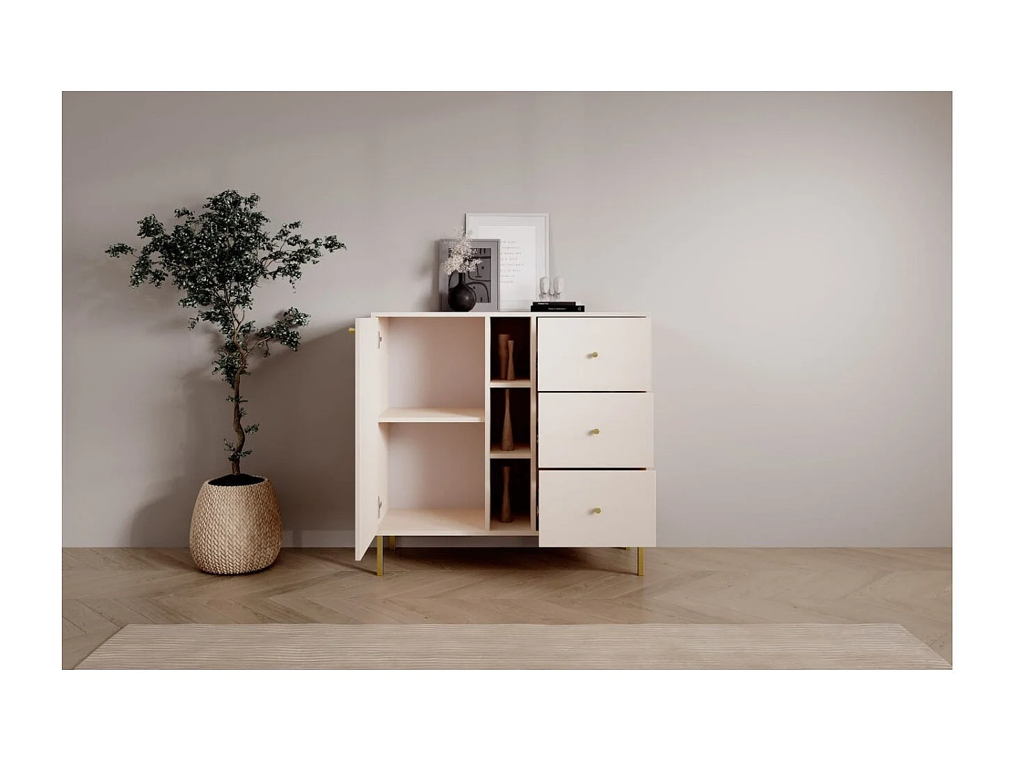 Credenza Tuli Compact/ante a battente/cassetti/piano del mobile/Beige
