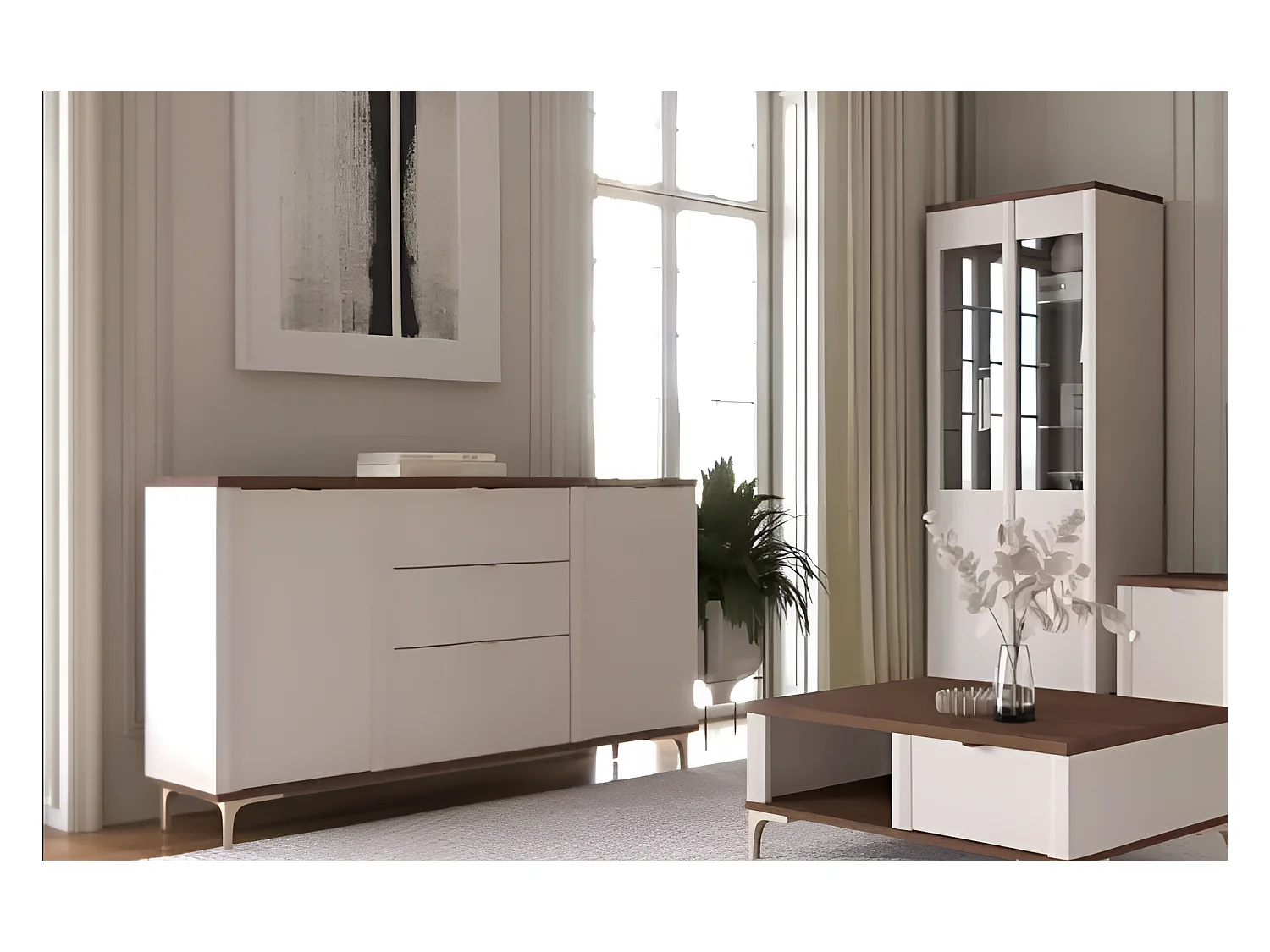 Buffet Manille/portes battantes/tiroirs/plateau de meuble/beige et marron