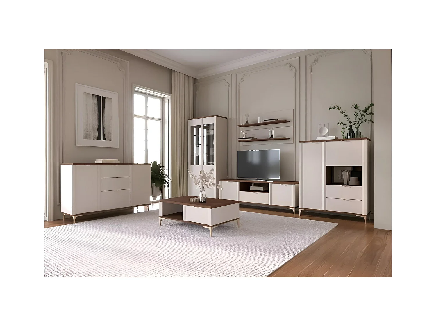 Buffet Manille/portes battantes/tiroirs/plateau de meuble/beige et marron