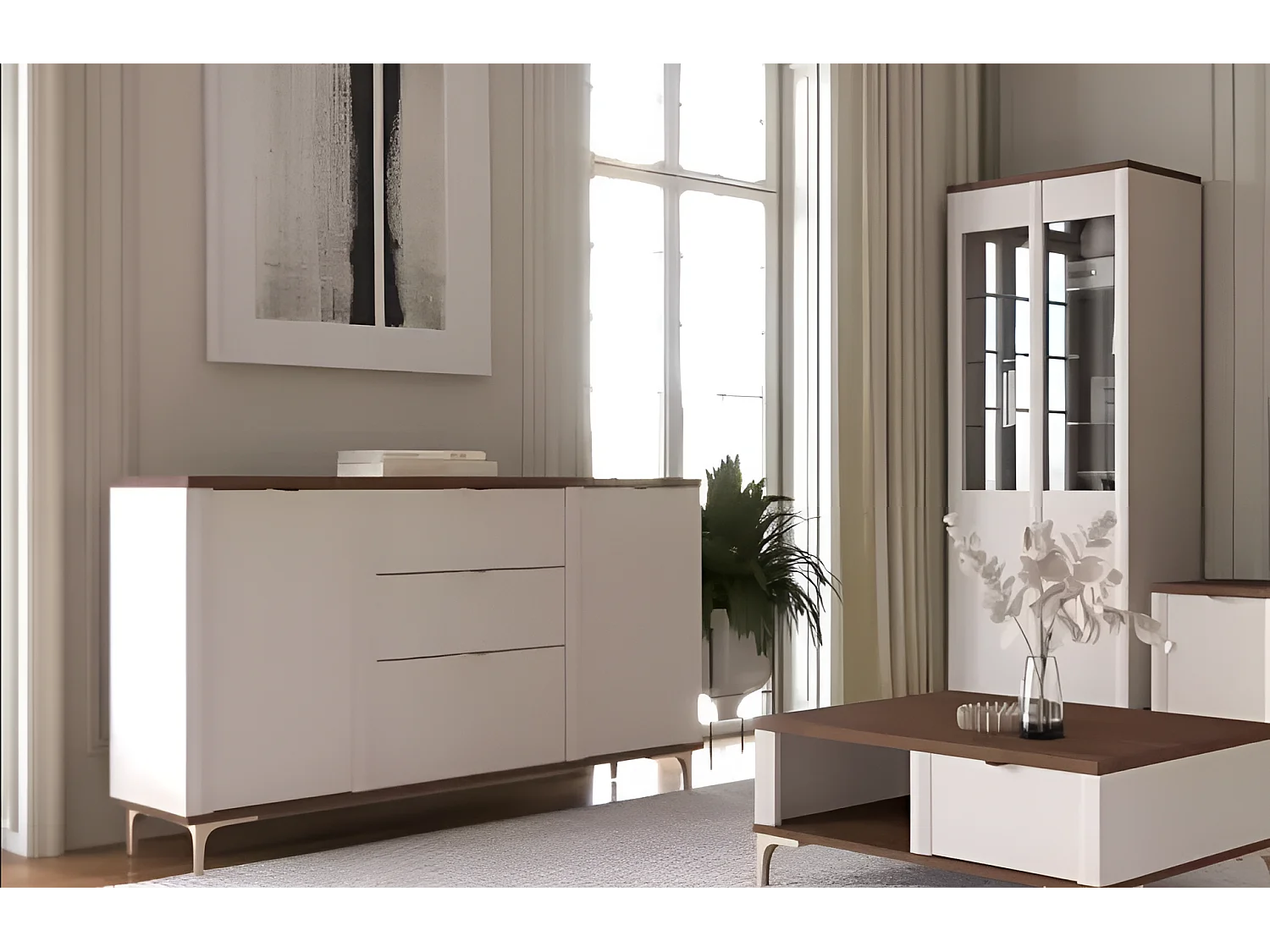 Buffet Manille/portes battantes/tiroirs/plateau de meuble/beige et marron