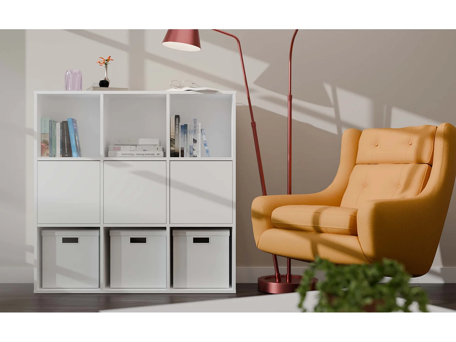 MALAX - Étagère blanche – 3 portes – Compartiments cubiques 110×110 cm – Système Tip-On