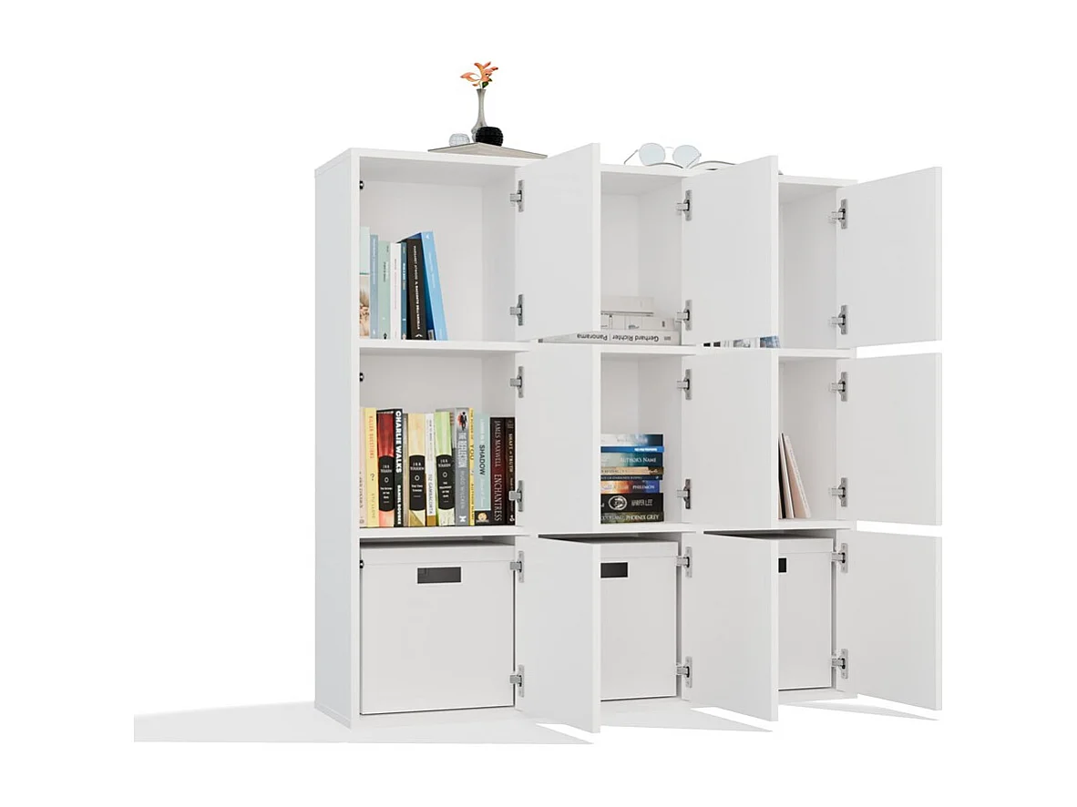 MALAX - Étagère blanche – 3 portes – Compartiments cubiques 110×110 cm – Système Tip-On