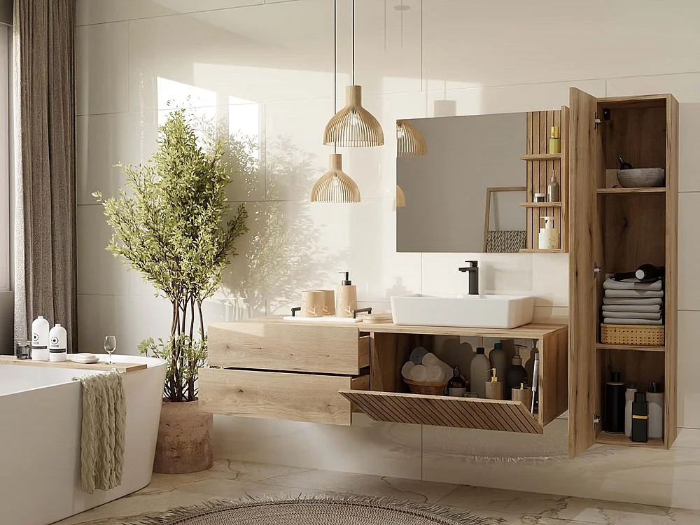 TIGO - Armoire de salle de bain suspendue, étagère, chêne à façade rainurée