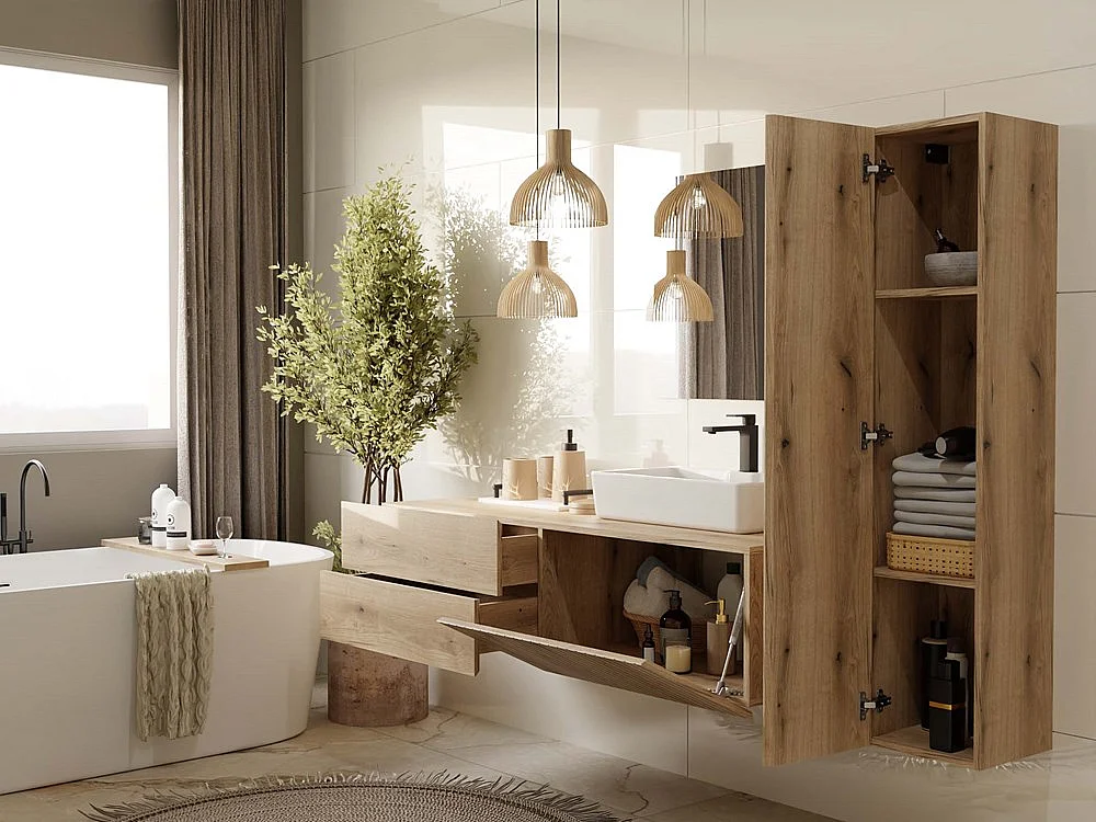 TIGO - Armoire de salle de bain suspendue, étagère, chêne à façade rainurée