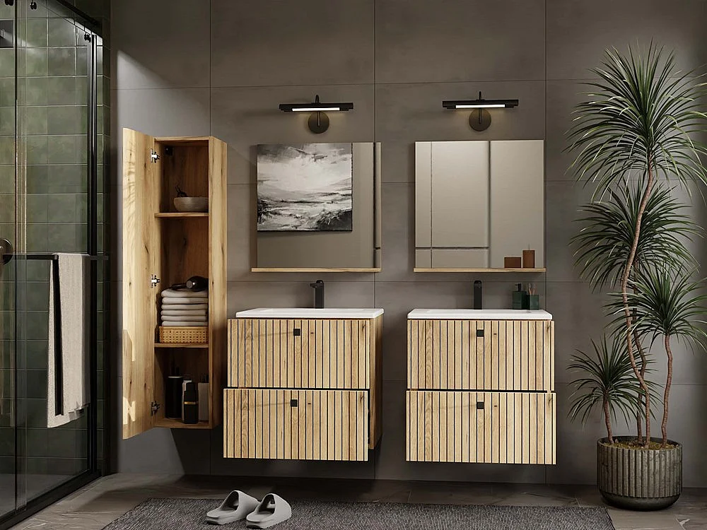 TIGO - Armoire de salle de bain suspendue, étagère, chêne à façade rainurée