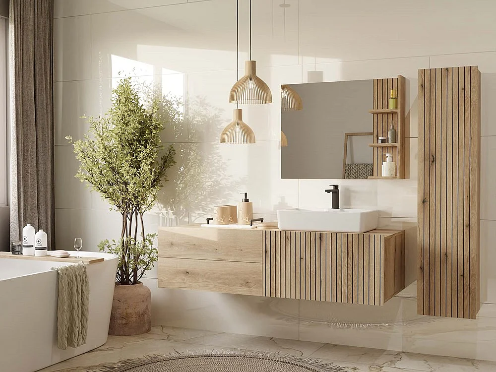 TIGO - Armoire de salle de bain suspendue, étagère, chêne à façade rainurée