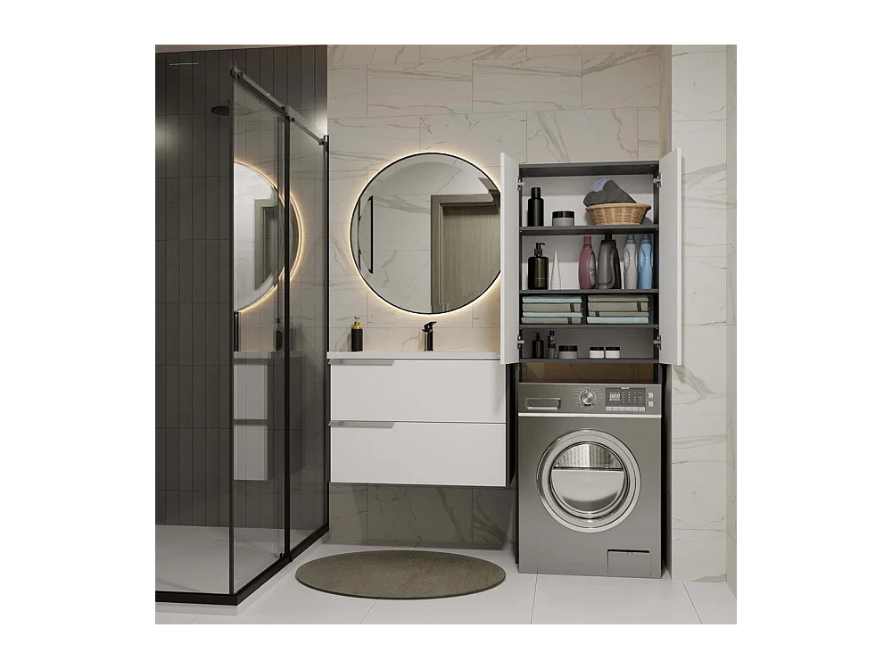 Szafka Łazienkowa POLA DD | Antracyt/Biel | 64x30x180 cm | Regał Nad Pralkę