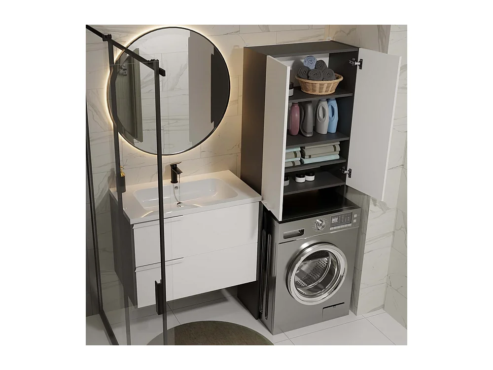 Szafka Łazienkowa POLA DD | Antracyt/Biel | 64x30x180 cm | Regał Nad Pralkę