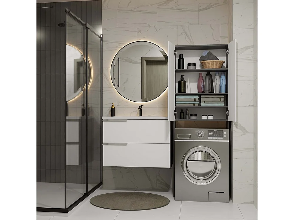 Szafka Łazienkowa POLA DD | Antracyt/Biel | 64x30x180 cm | Regał Nad Pralkę