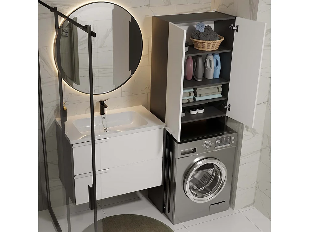 Szafka Łazienkowa POLA DD | Antracyt/Biel | 64x30x180 cm | Regał Nad Pralkę