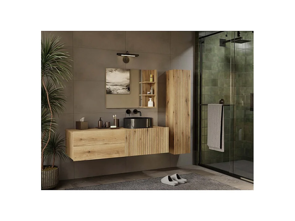 TIGO - mueble bajo lavabo roble con frente ranurado 2 cajones - 140×37,5×53 cm