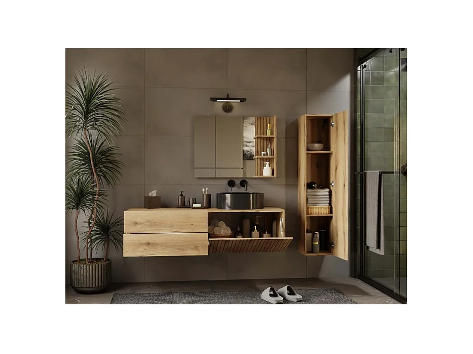 TIGO - mueble bajo lavabo roble con frente ranurado 2 cajones - 140×37,5×53 cm