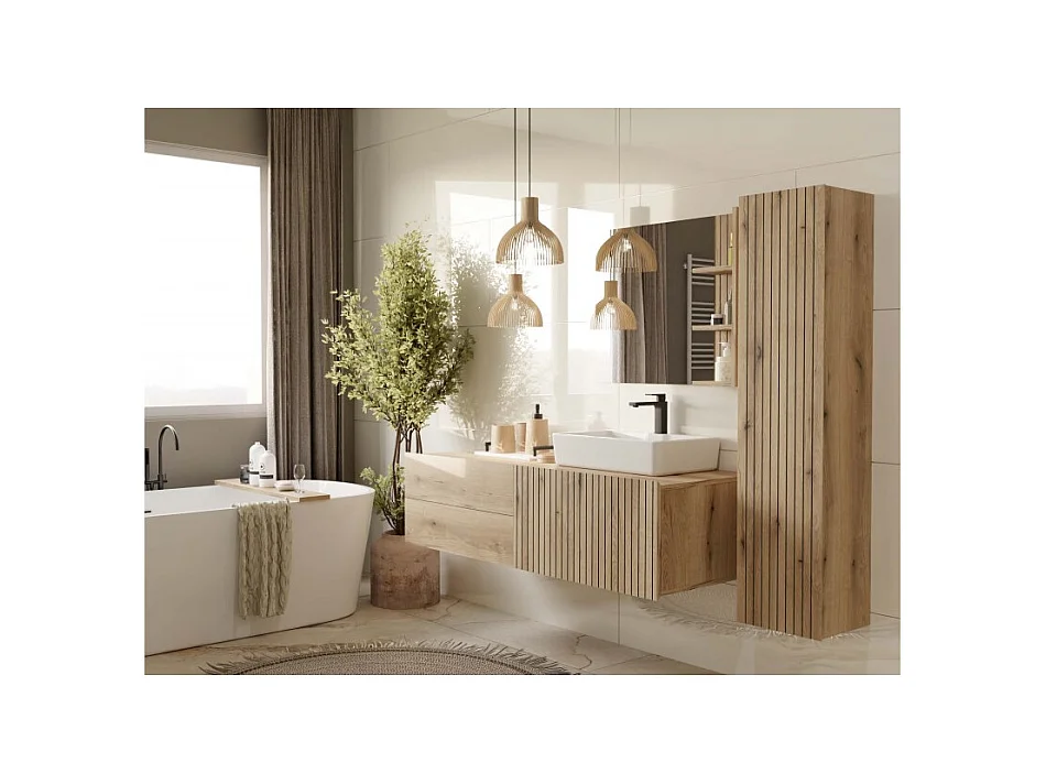 TIGO - mueble bajo lavabo roble con frente ranurado 2 cajones - 140×37,5×53 cm