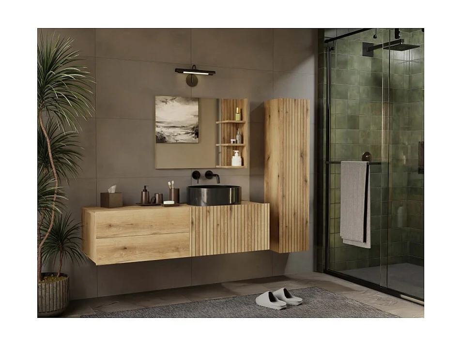 TIGO - mueble bajo lavabo roble con frente ranurado 2 cajones - 140×37,5×53 cm