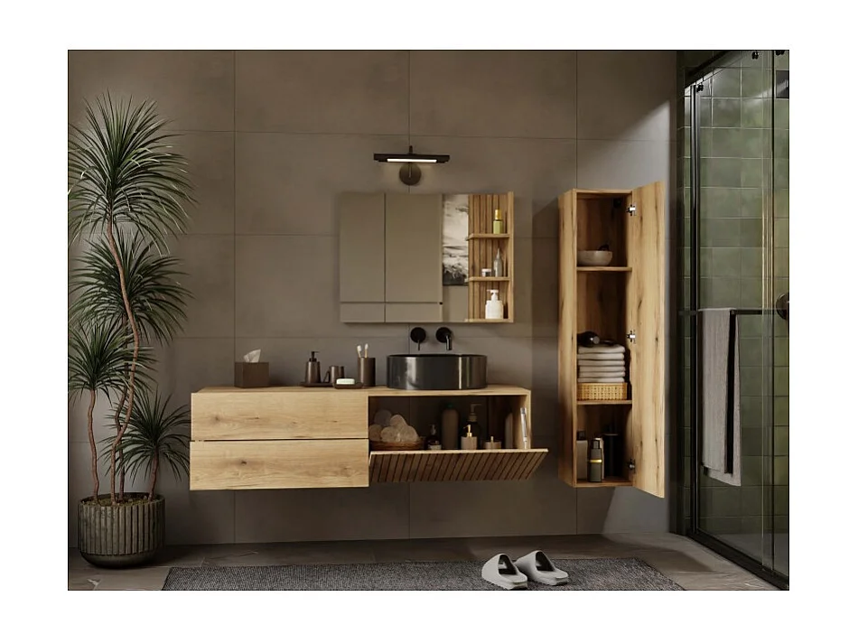 TIGO - mueble bajo lavabo roble con frente ranurado 2 cajones - 140×37,5×53 cm