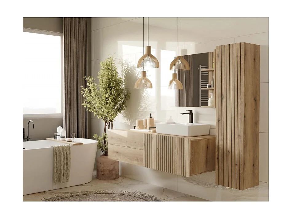 TIGO - mueble bajo lavabo roble con frente ranurado 2 cajones - 140×37,5×53 cm