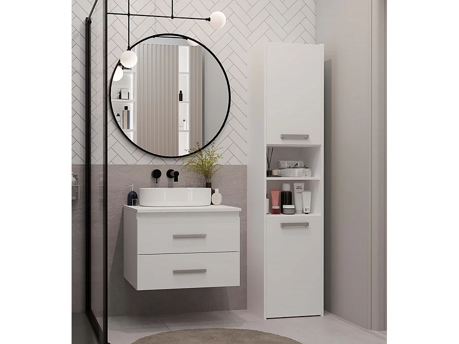 NEL - armoire de salle de bain pour lavabo, 2 tiroirs, blanc - 60×45×50 cm
