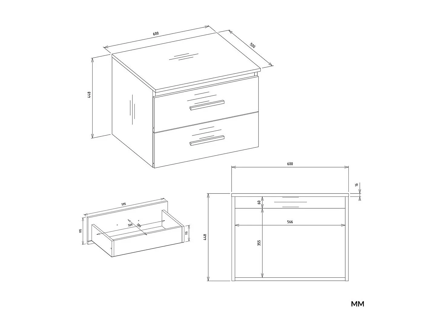 NEL - armoire de salle de bain pour lavabo, 2 tiroirs, blanc - 60×45×50 cm