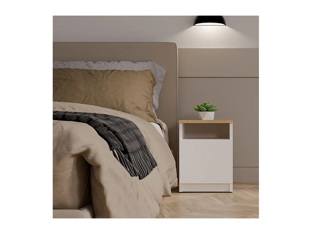 GALAX - Table de nuit Blanc / Chêne artisan – 1 porte – Chambre
