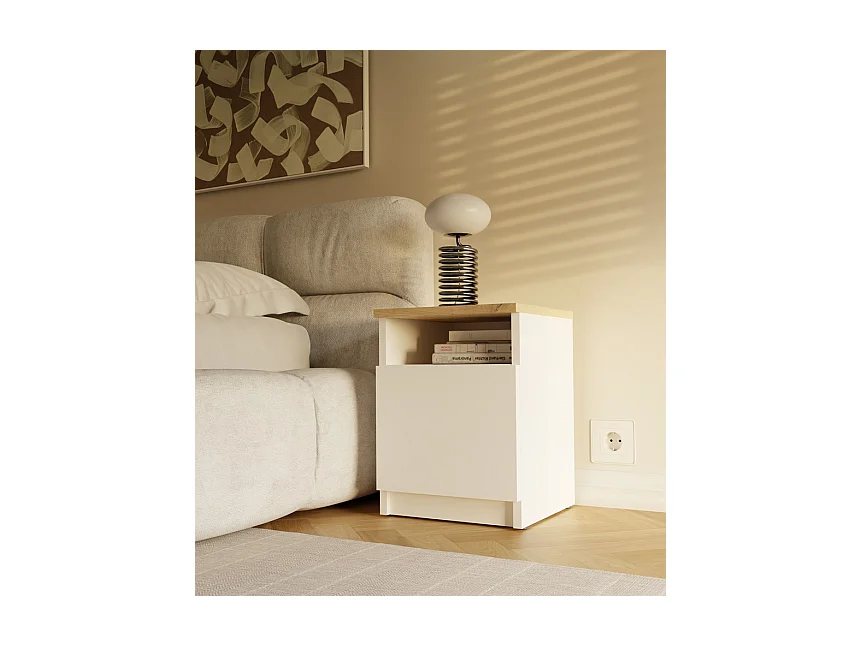 GALAX - Table de nuit Blanc / Chêne artisan – 1 porte – Chambre