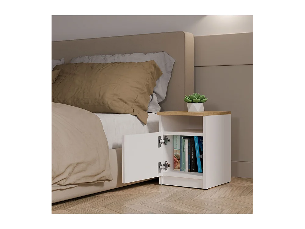 GALAX - Table de nuit Blanc / Chêne artisan – 1 porte – Chambre