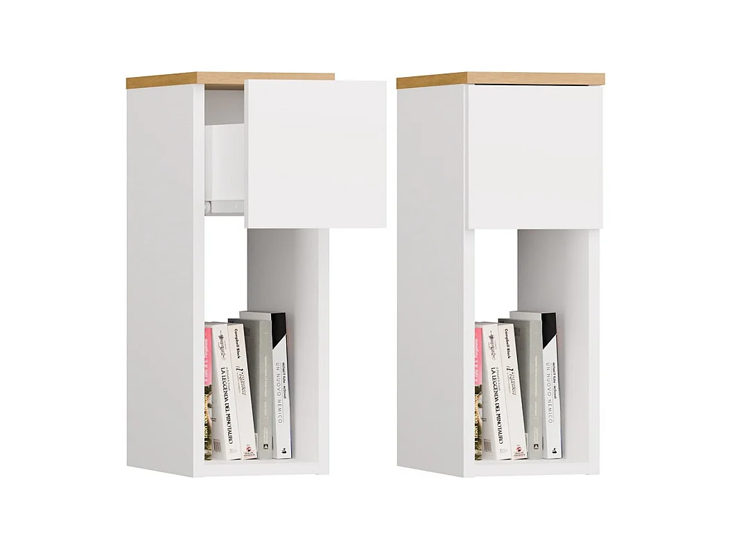 GALAX - Table de nuit Blanc / Chêne artisan – 1 tiroir – Chambre