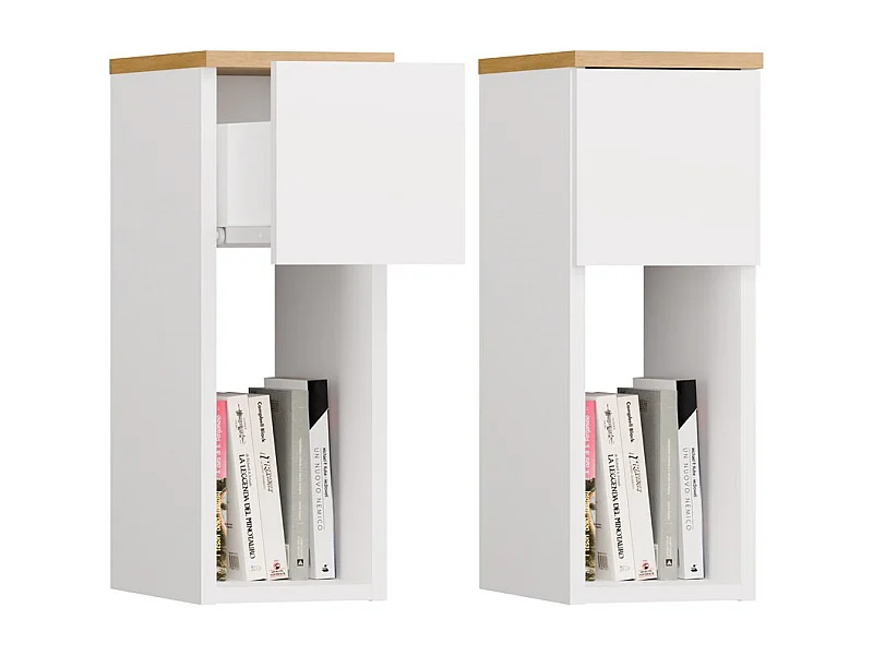 GALAX - Mesita de noche Blanco / Roble artesanal – 1 cajón – Dormitorio