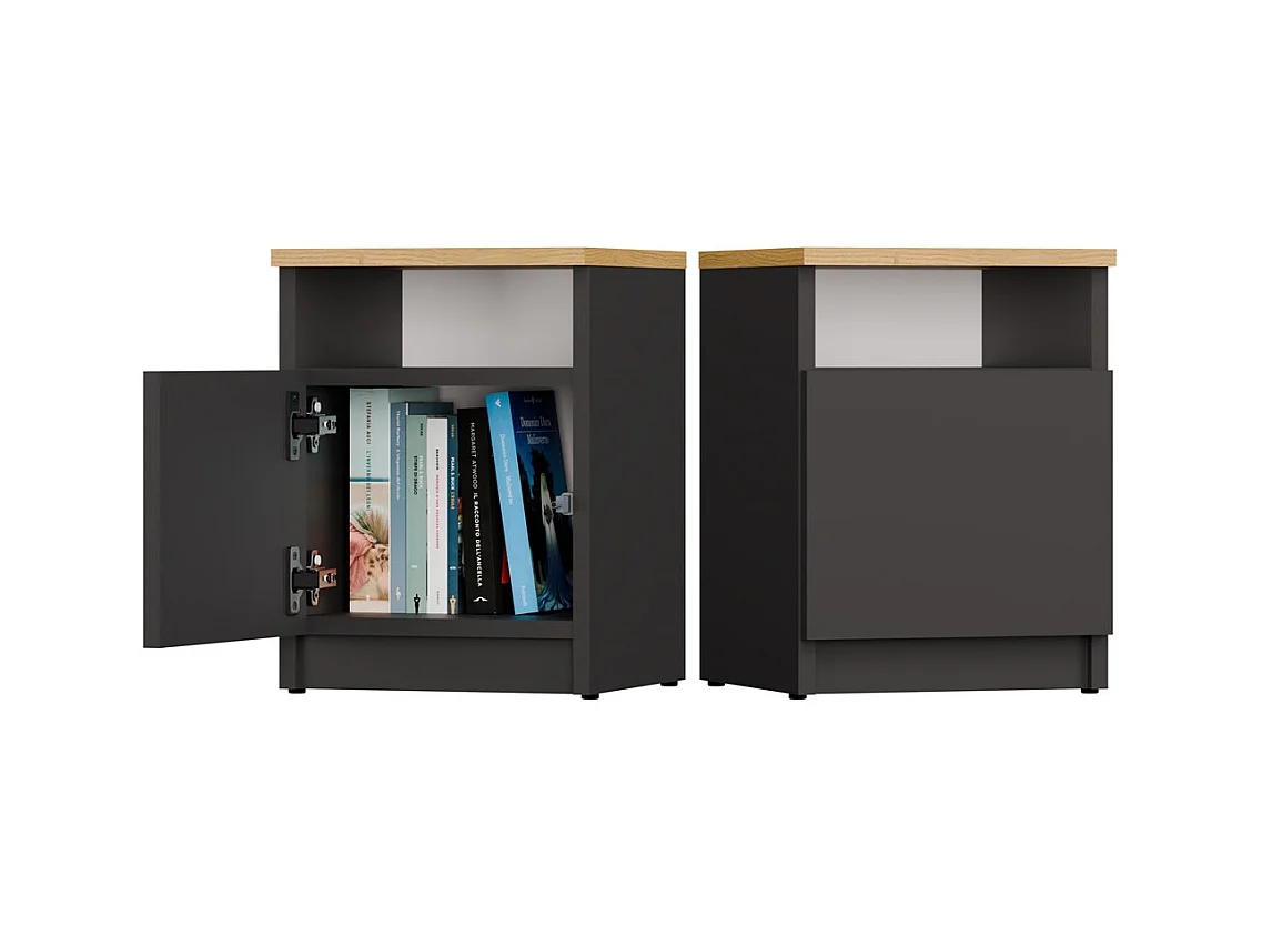 GALAX - Table de nuit Anthracite / Chêne artisan – 1 porte – Chambre