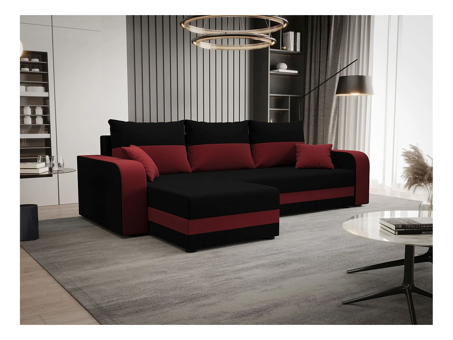 BEDANTE ECKSOFA HEWLET L BIS Sawana 14+13 Links Schwarz/Rot mit Schlaffunktion L-Form Sofa mit Stauraum Bettkasten