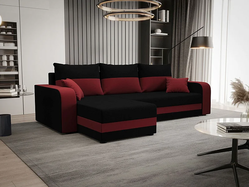BEDANTE ECKSOFA HEWLET L BIS Sawana 14+13 Links Schwarz/Rot mit Schlaffunktion L-Form Sofa mit Stauraum Bettkasten