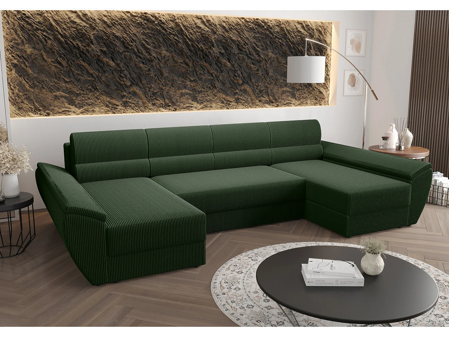 BEDANTE canapé d’angle REBIU4 Poso 14 vert foncé avec fonction de couchage canapé en L avec espace de rangement