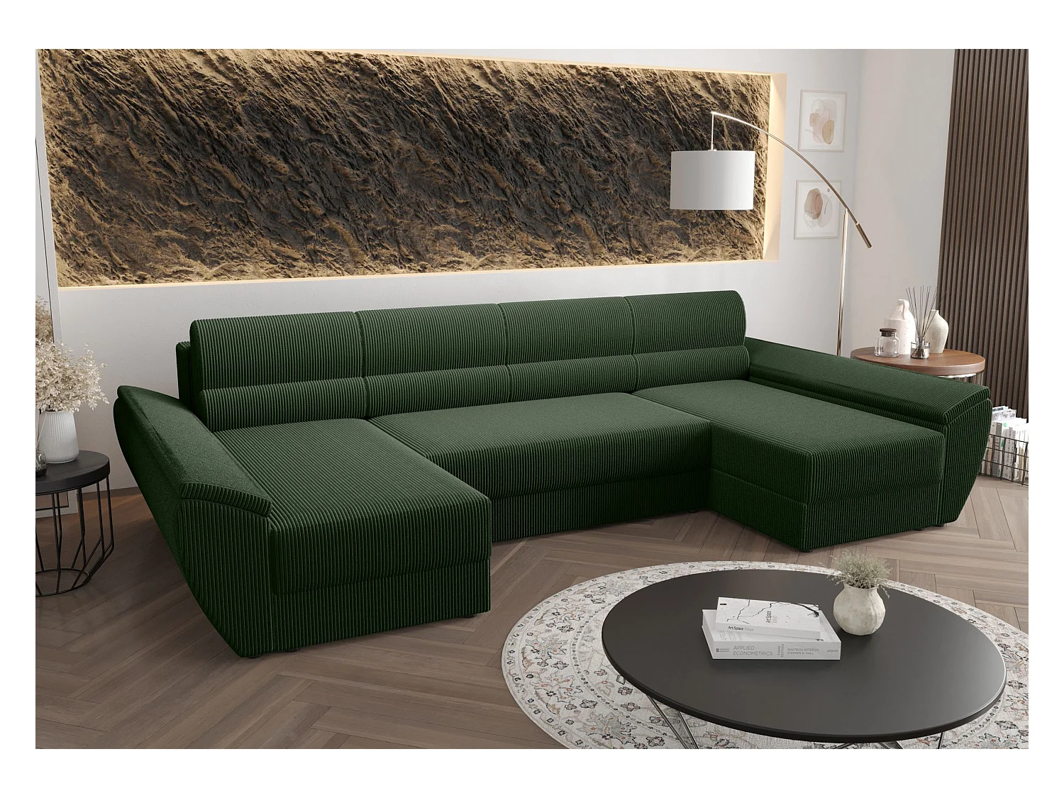 BEDANTE canapé d’angle REBIU4 Poso 14 vert foncé avec fonction de couchage canapé en L avec espace de rangement