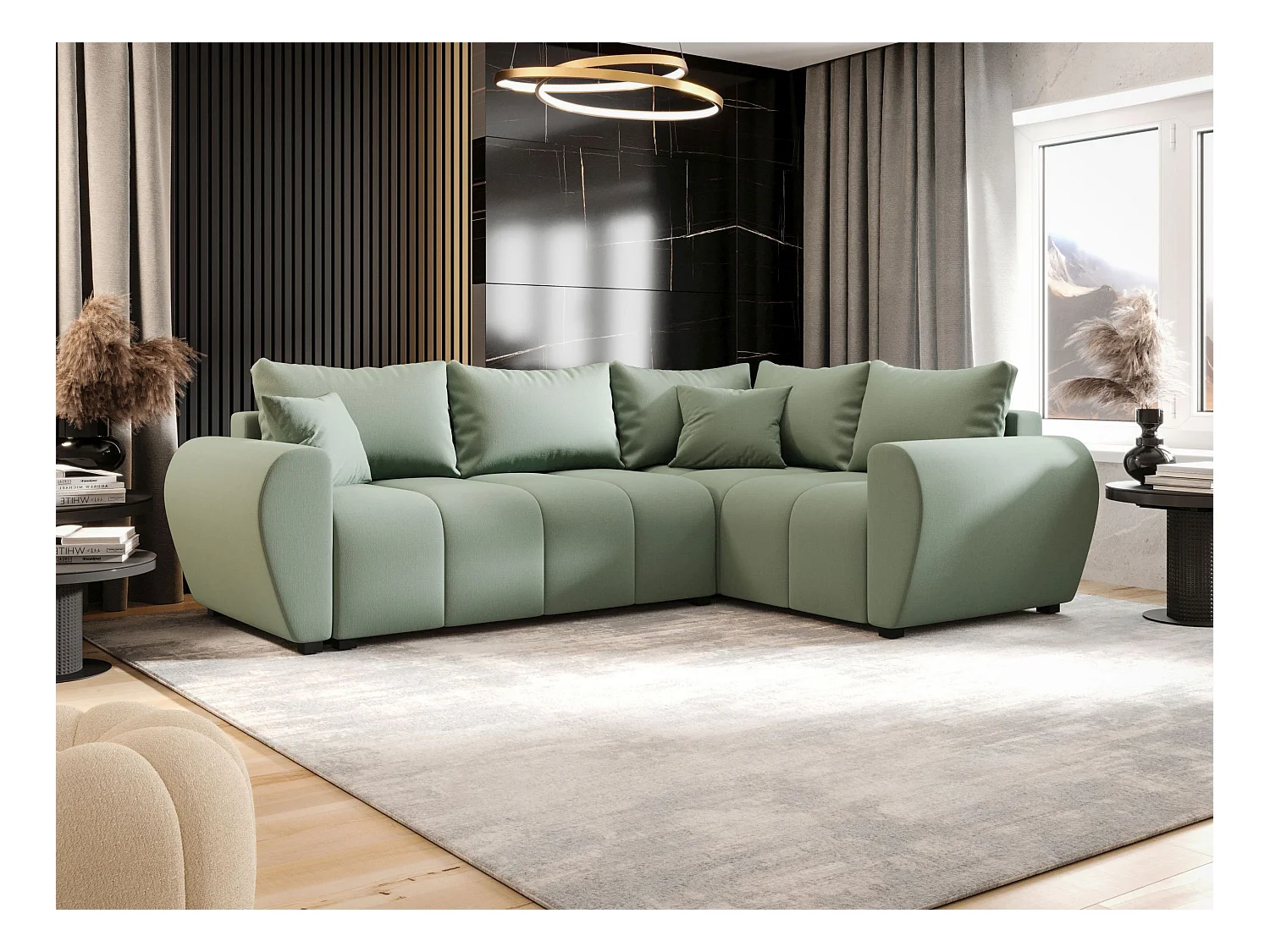 BEDANTE narożnik MOLISA L PLUS Cosmic 16 prawa jasnozielony z funkcją spania sofa w kształcie litery L z pojemnikiem na pościel