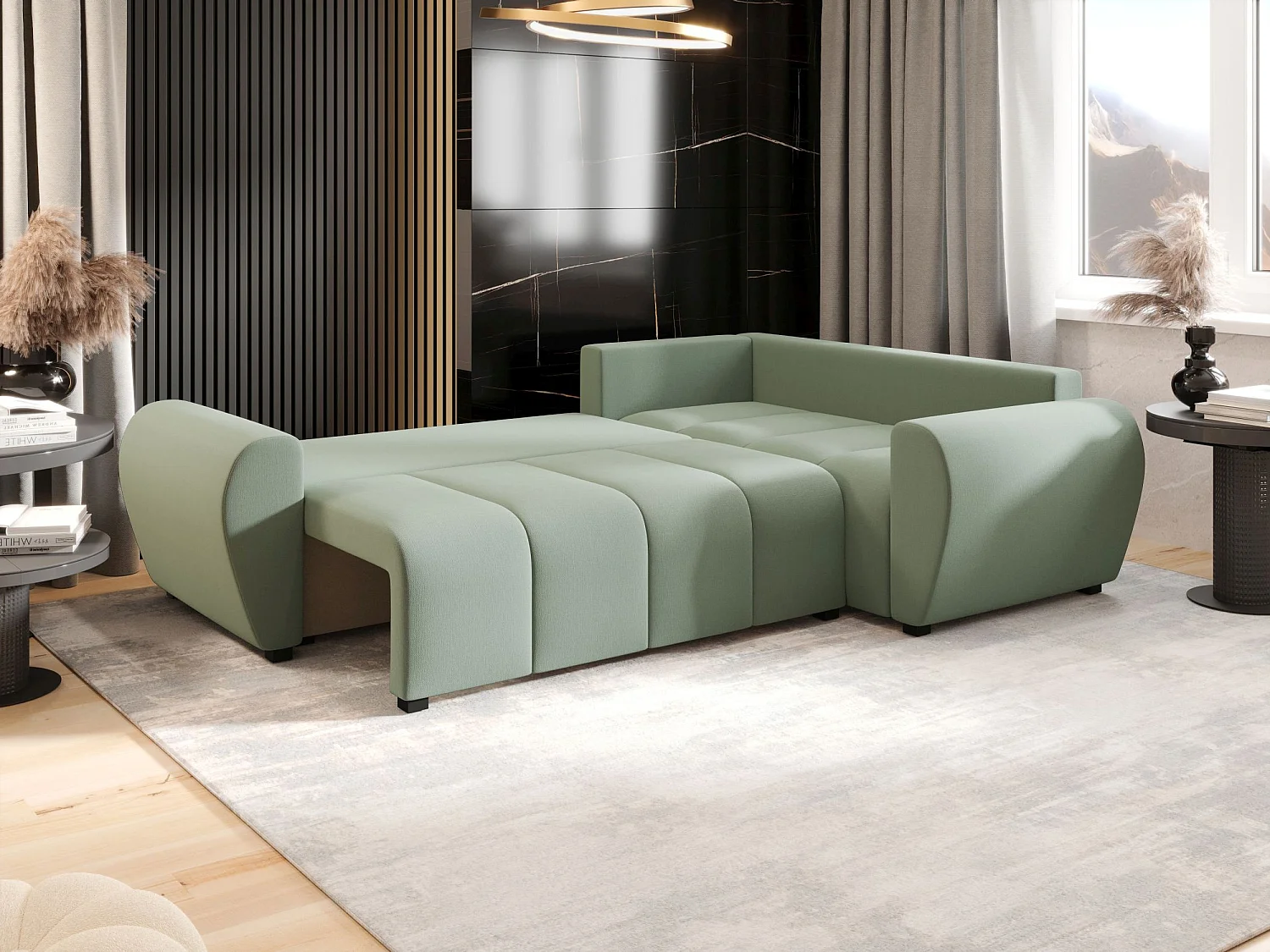 Canapé d'angle convertible 3 places en tissu vert clair
