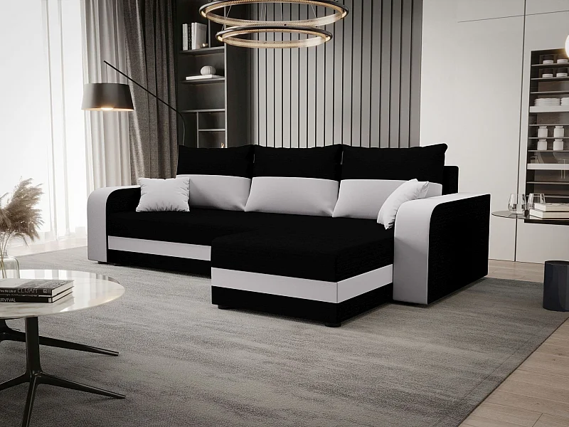 BEDANTE ECKSOFA HEWLET L BIS Rainbow 15+31 Rechts Schwarz/Weiß mit Schlaffunktion L-Form Sofa mit Stauraum Bettkasten