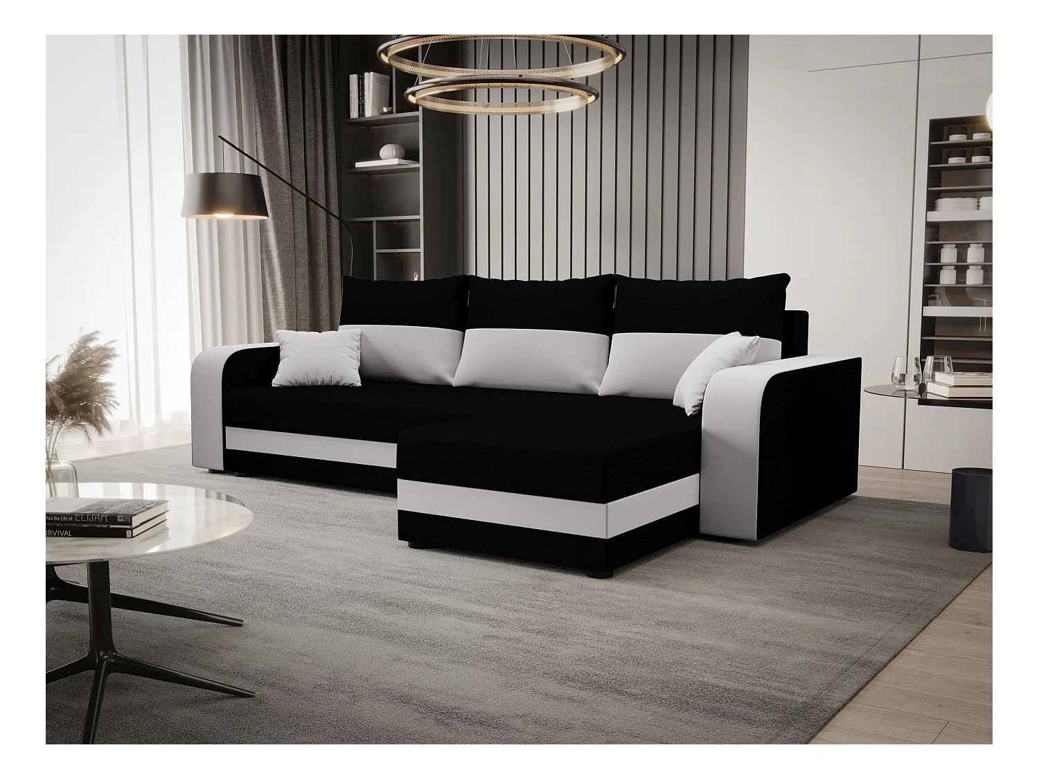 BEDANTE ECKSOFA HEWLET L BIS Rainbow 15+31 Rechts Schwarz/Weiß mit Schlaffunktion L-Form Sofa mit Stauraum Bettkasten