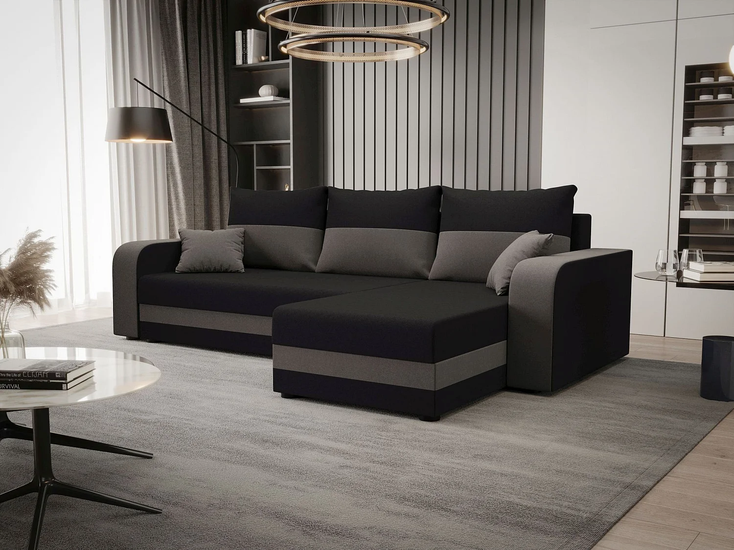BEDANTE ECKSOFA HEWLET L BIS Sawana 05+21 Rechts Grau/Beige mit Schlaffunktion L-Form Sofa mit Stauraum Bettkasten