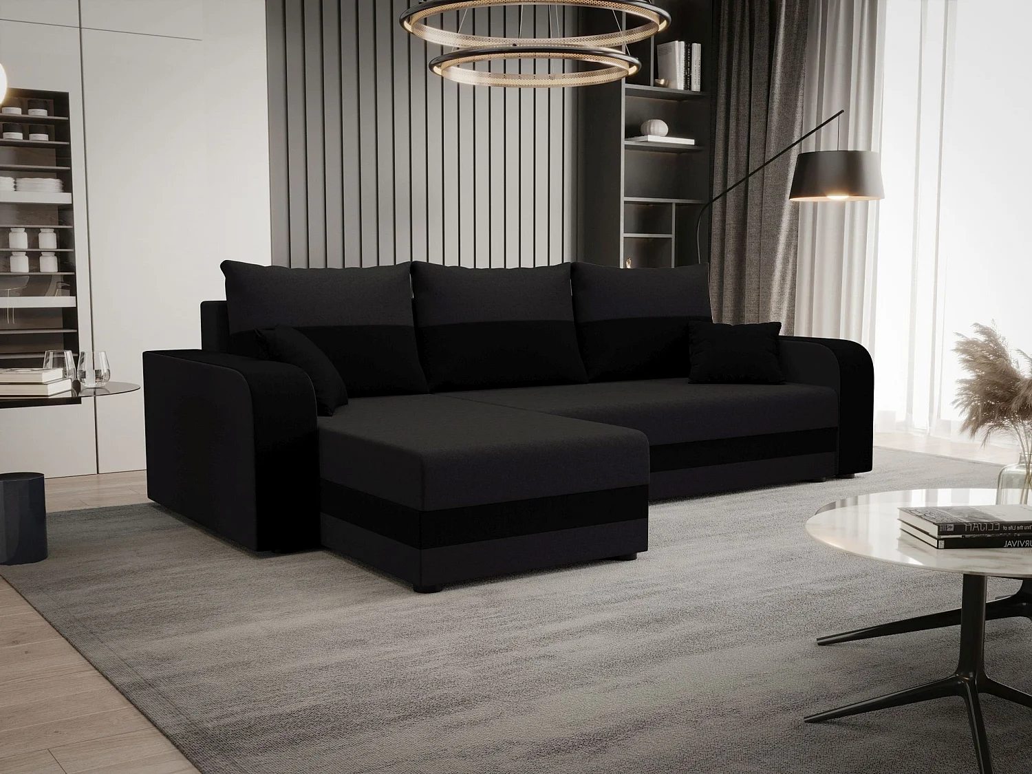 BEDANTE ECKSOFA HEWLET L BIS Sawana 05+14 Links Dunkelgrau/Schwarz mit Schlaffunktion L-Form Sofa mit Stauraum Bettkasten