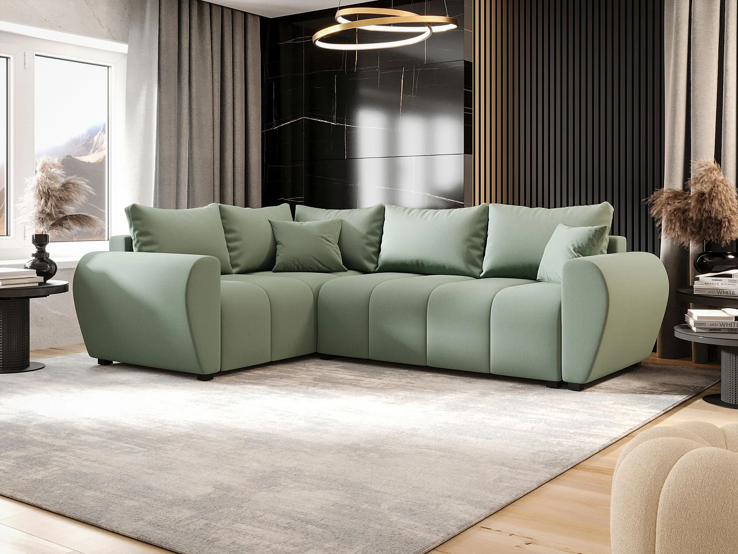 BEDANTE canapé d’angle MOLISA L PLUS Cosmic 16 gauche vert clair avec fonction de couchage canapé en forme de L