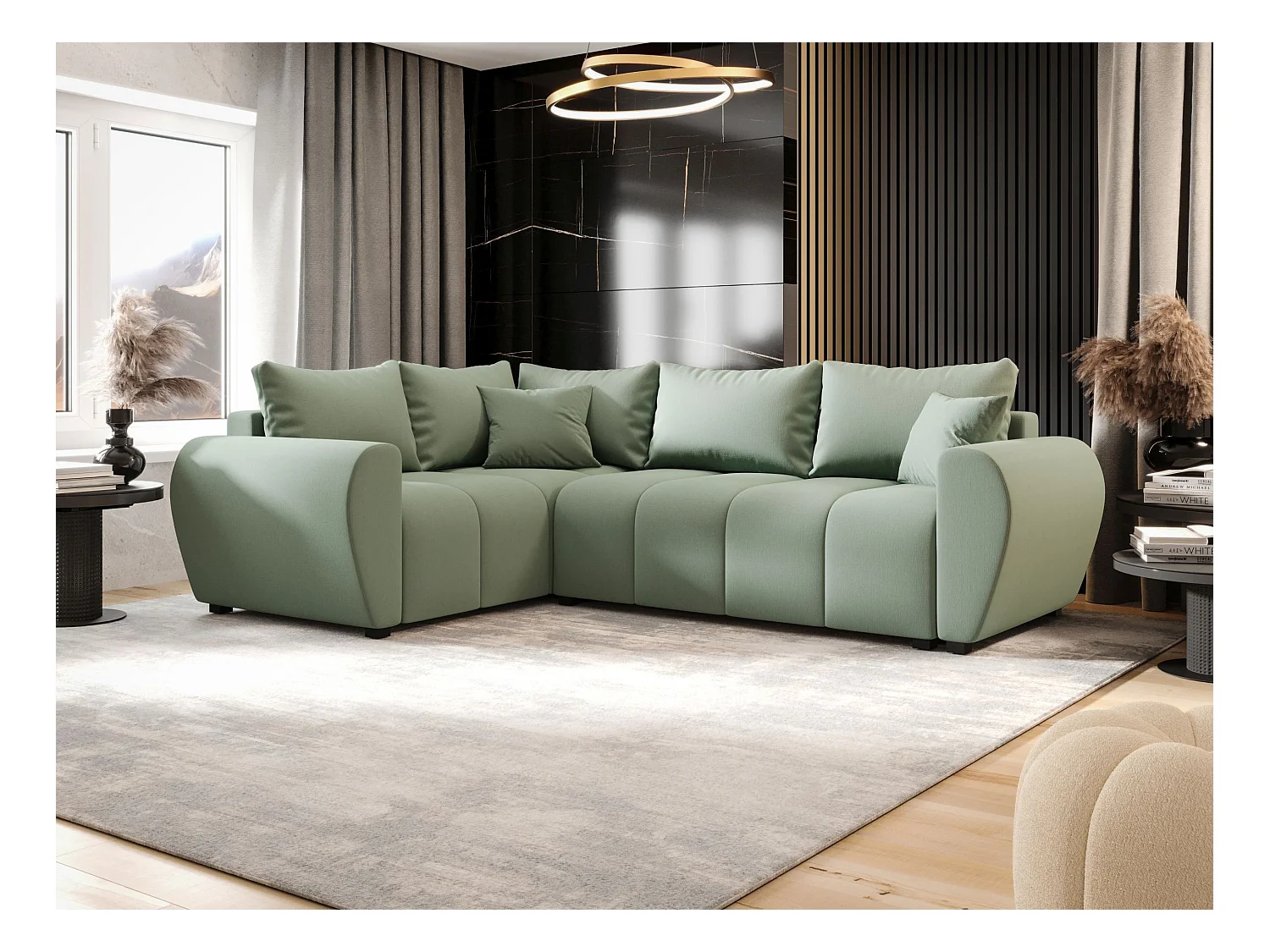BEDANTE narożnik MOLISA L PLUS Cosmic 16 lewa jasnozielony z funkcją spania sofa w kształcie litery L z pojemnikiem na pościel