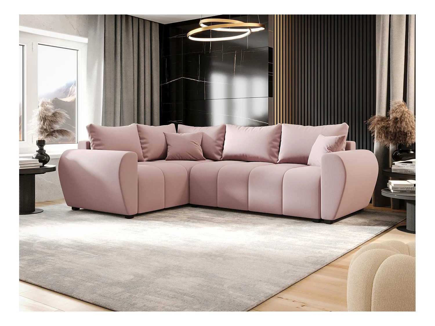 BEDANTE narożnik MOLISA L PLUS Cosmic 14 lewa różowy z funkcją spania sofa w kształcie litery L z pojemnikiem na pościel
