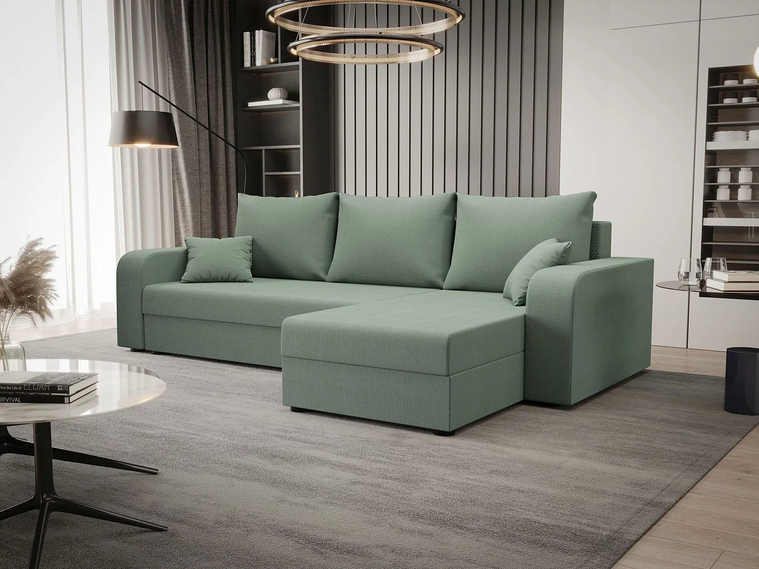 BEDANTE ECKSOFA HEWLET L BIS Cosmic 16 Rechts Hellgrün mit Schlaffunktion L-Form Sofa mit Stauraum Bettkasten