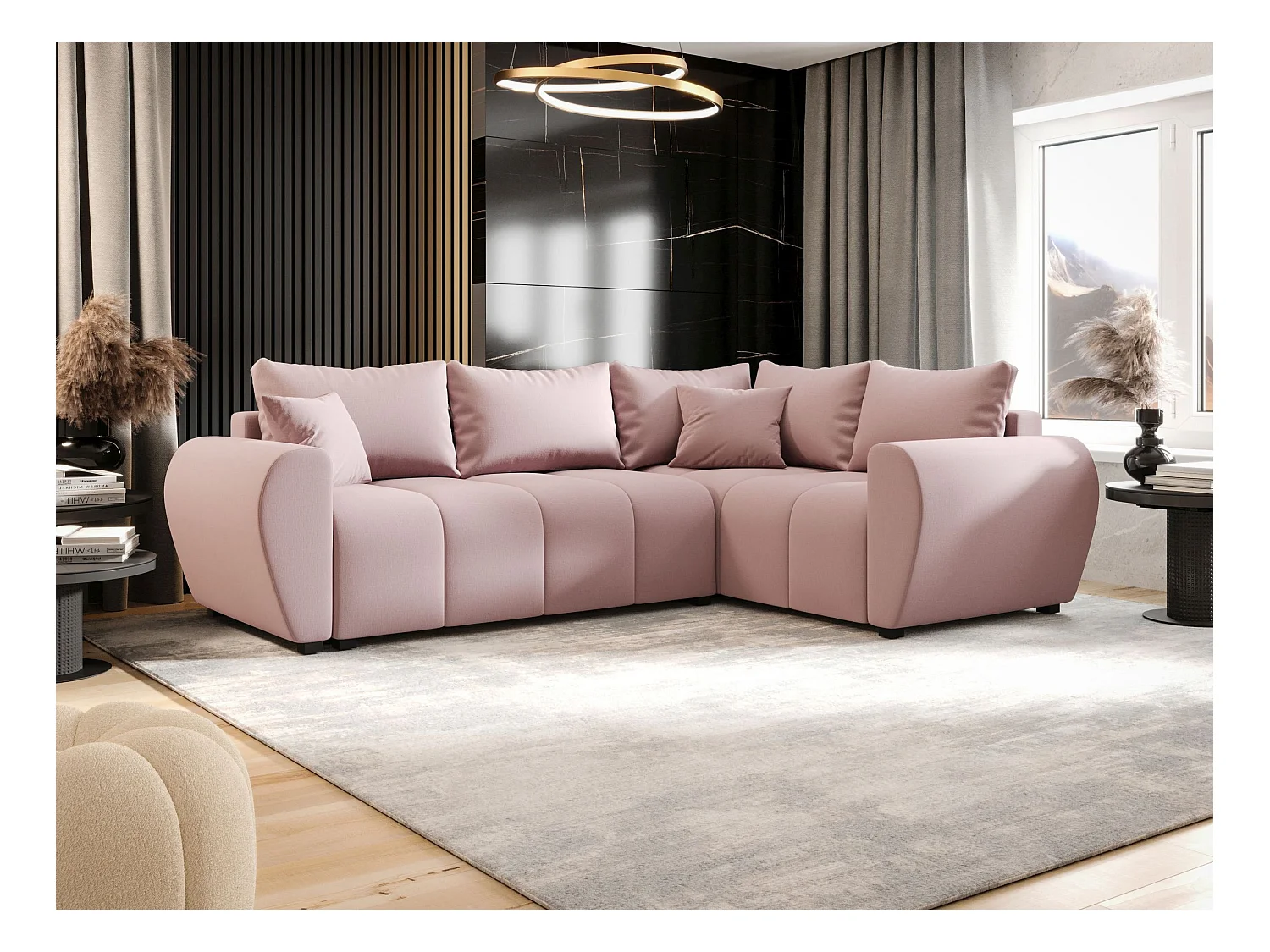 BEDANTE narożnik MOLISA L PLUS Cosmic 14 prawa różowy z funkcją spania sofa w kształcie litery L z pojemnikiem na pościel