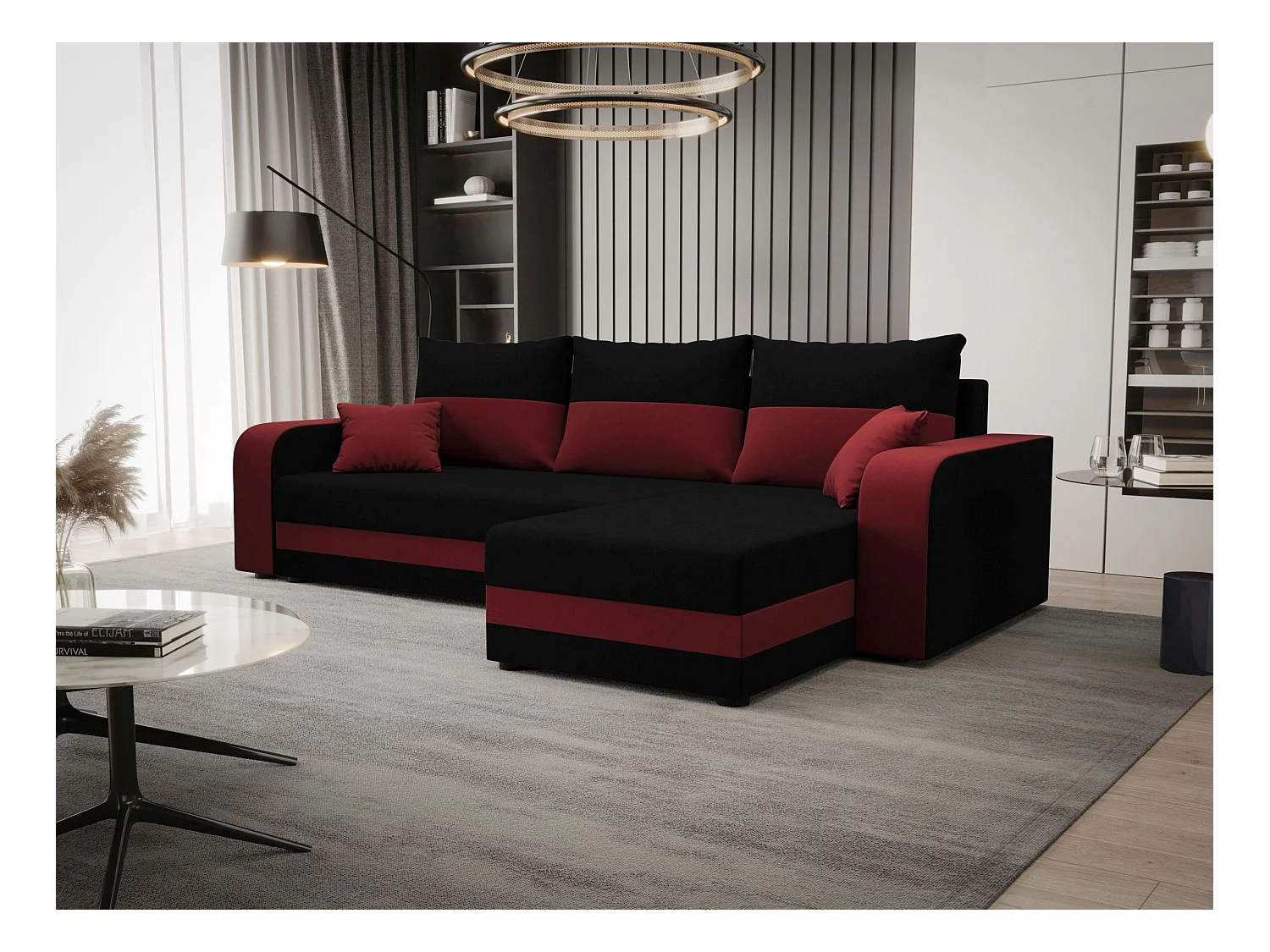 BEDANTE ECKSOFA HEWLET L BIS Sawana 14+13 Rechts Schwarz/Rot mit Schlaffunktion L-Form Sofa mit Stauraum Bettkasten