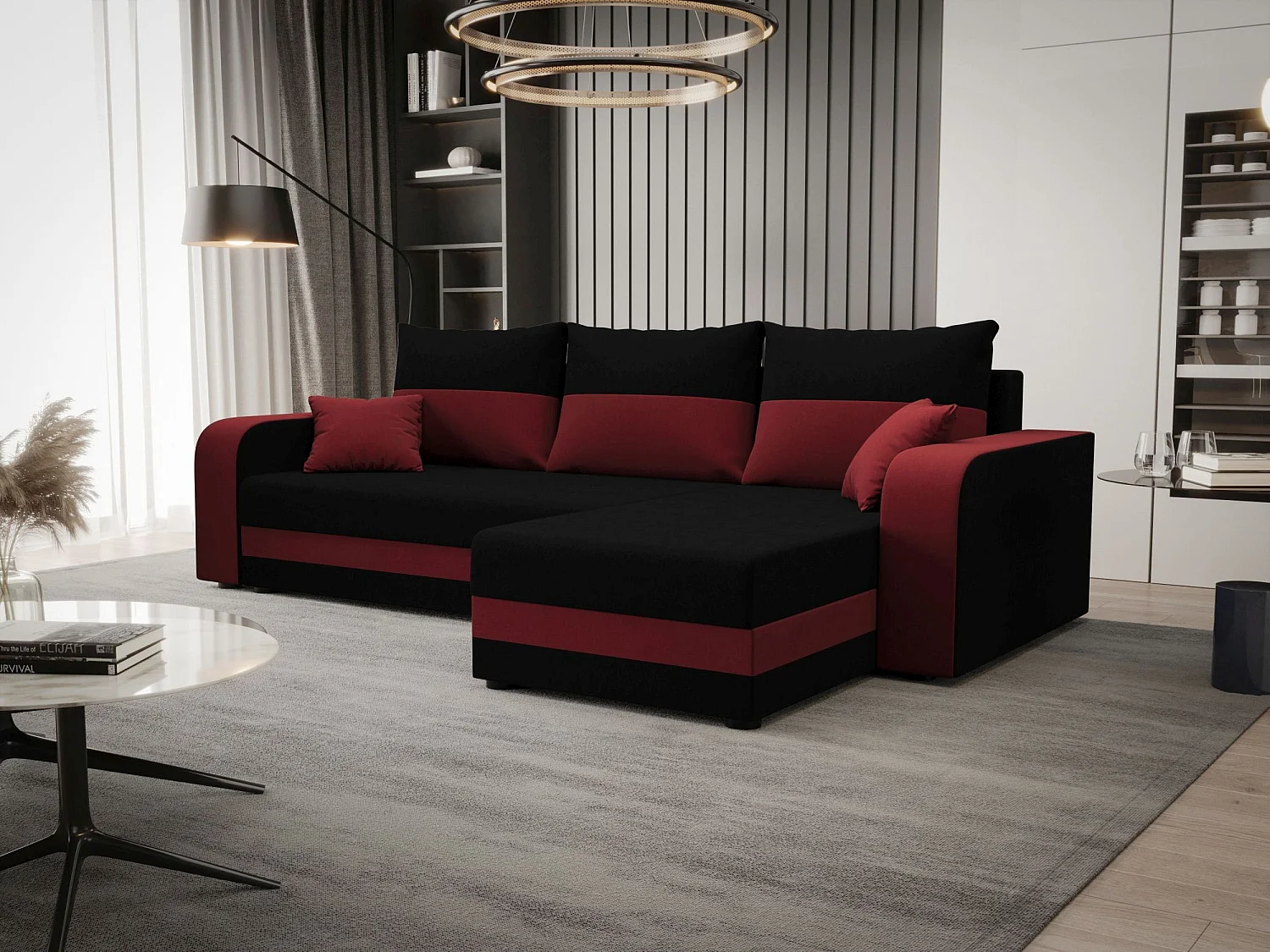 BEDANTE ECKSOFA HEWLET L BIS Sawana 14+13 Rechts Schwarz/Rot mit Schlaffunktion L-Form Sofa mit Stauraum Bettkasten