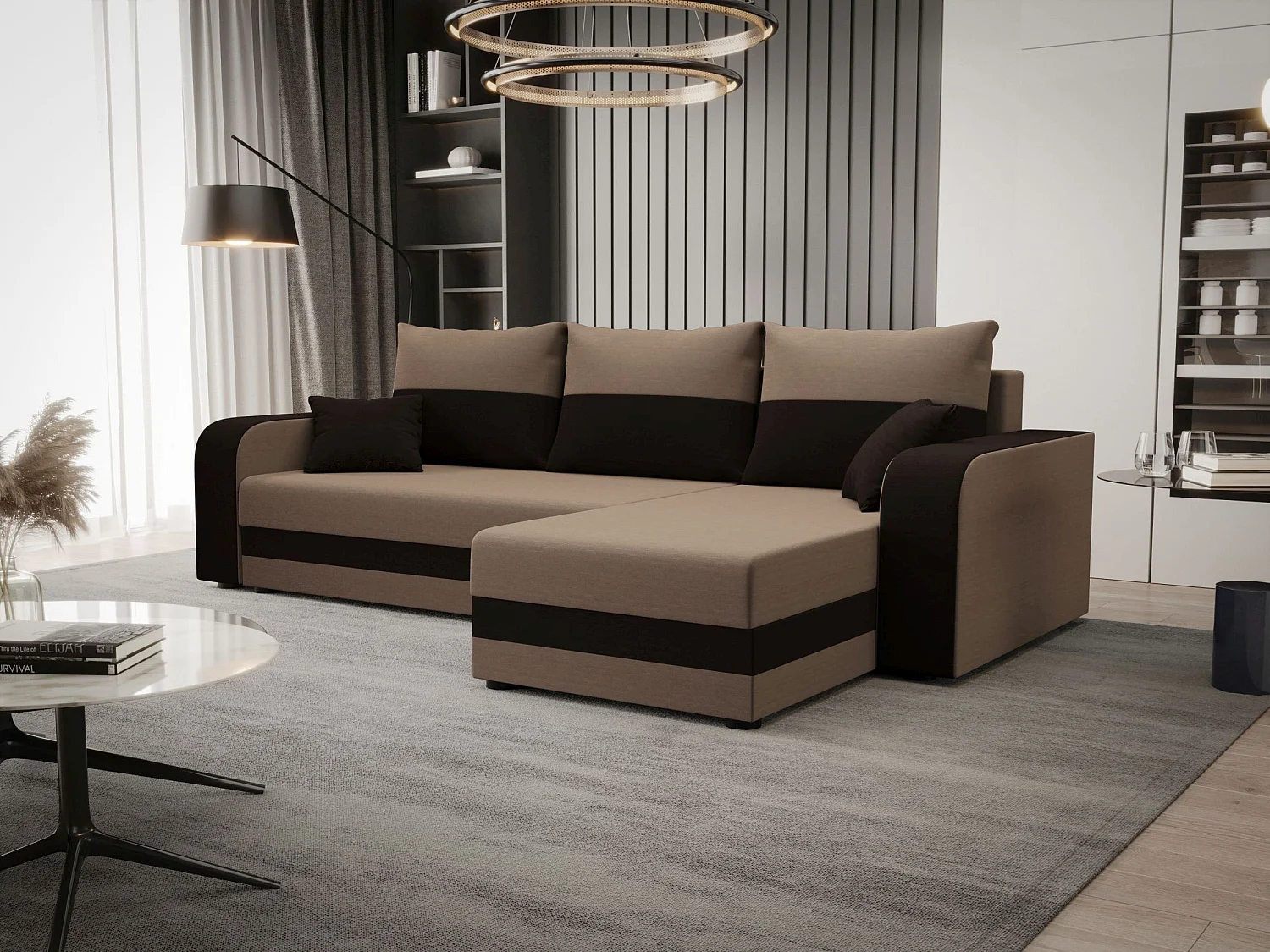 BEDANTE ECKSOFA HEWLET L BIS Rainbow 05+41 Rechts Beige/Braun mit Schlaffunktion L-Form Sofa mit Stauraum Bettkasten