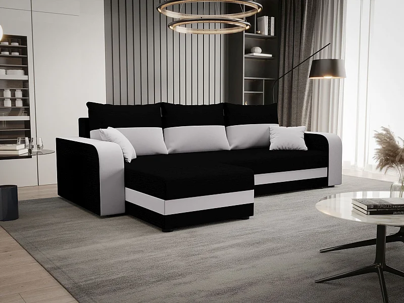 BEDANTE ECKSOFA HEWLET L BIS Rainbow 15+31 Links Schwarz/Weiß mit Schlaffunktion L-Form Sofa mit Stauraum Bettkasten
