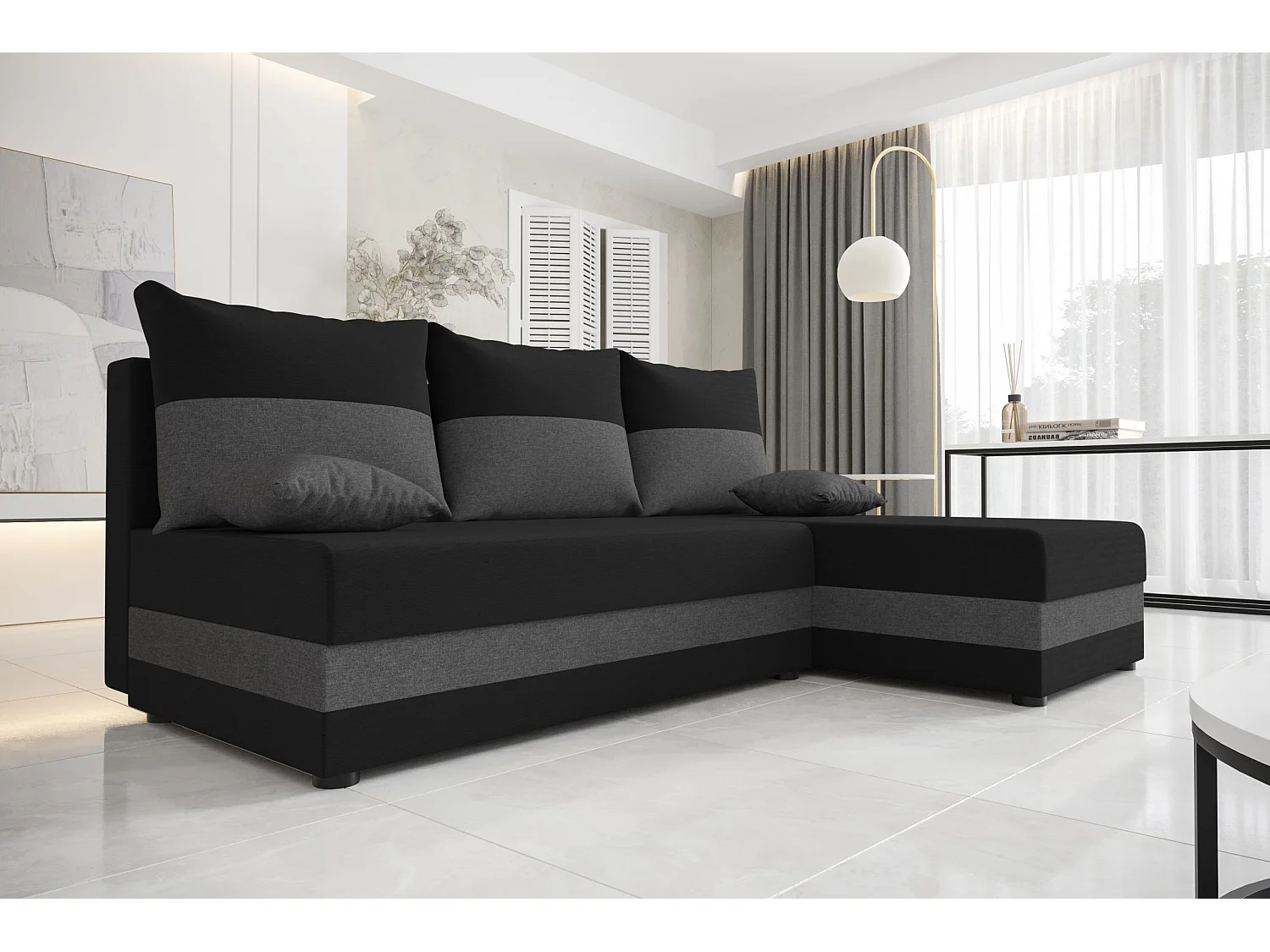BEDANTE ECKSOFA HEWLET L BIS Sawana 14+05 Rechts Schwarz/Grau mit Schlaffunktion L-Form Sofa mit Stauraum Bettkasten